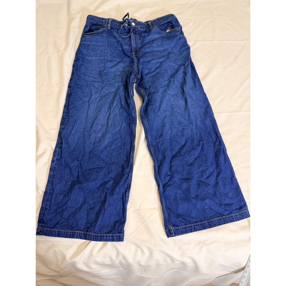 American Eagle Strigid Wide Leg Jeans Blue Drawstring Waist Size 16 Regular